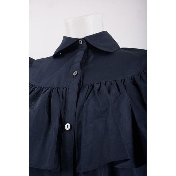 Cinq a Sept Womans Marcelle Ruffled Blouse Shirt XXS Navy Blue Taffeta NWT - Picture 6 of 7